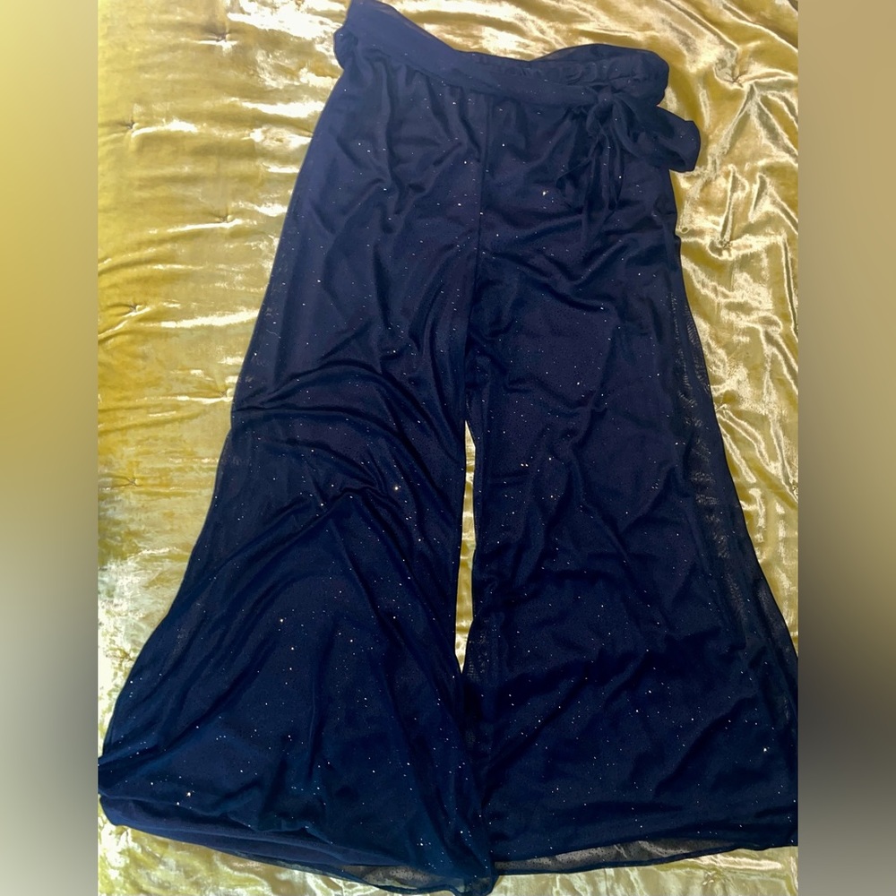 Onyx Nite M sparkly lined flowy stretch pants w sheer sparkly top layer EUC